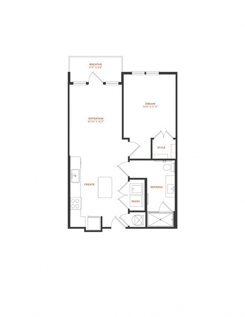 Floor plan for 1 bed, 1 bath, 678 sqft